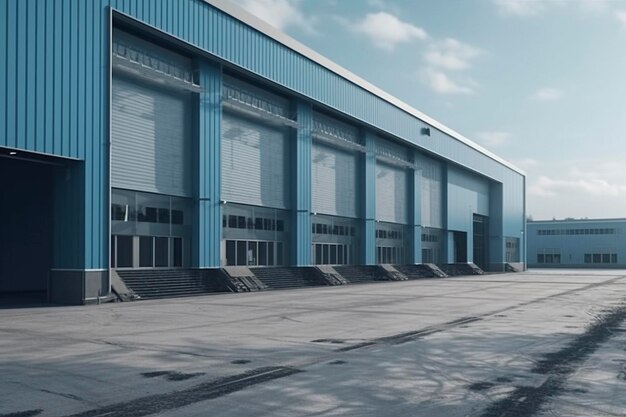 生成 AI で作成された商品搬入用のドアを備えた大型物流倉庫