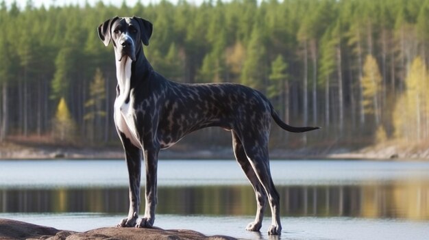 Photo a large dog standing on a rock in front of a lake