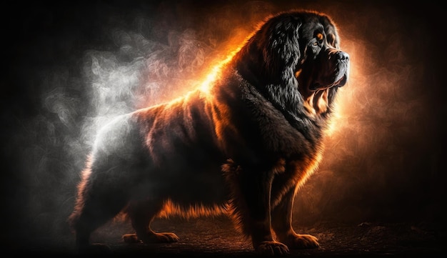 A large dog with a glowing face and a light on it