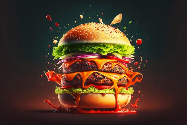 Large double burger with beef spicy ketchup and vegetables with fresh herbs