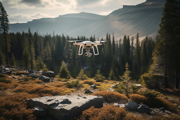 Large drone equipped with specialized sensors Collecting environmental data and assess the health of remote ecosystem The drone allows for more efficient data collection and analysis Generative AI