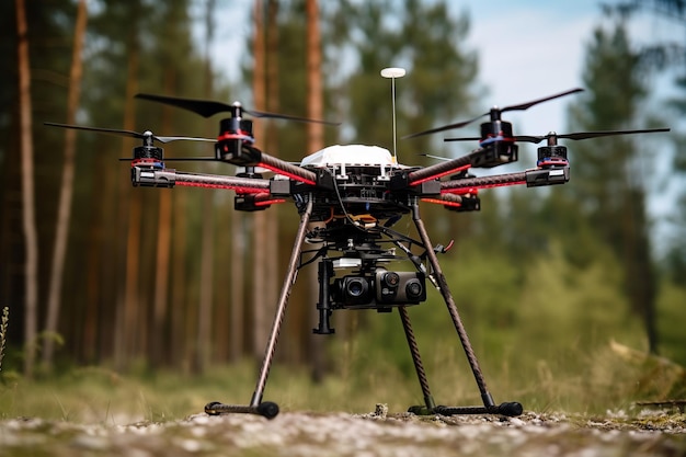 Large drone equipped with specialized sensors Collecting environmental data and assess the health of remote ecosystem The drone allows for more efficient data collection and analysis Generative AI