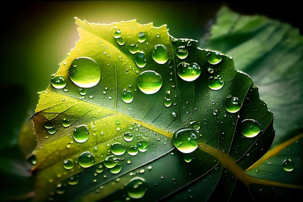 Large drop of water on a green leaf Generative AI Generative AI