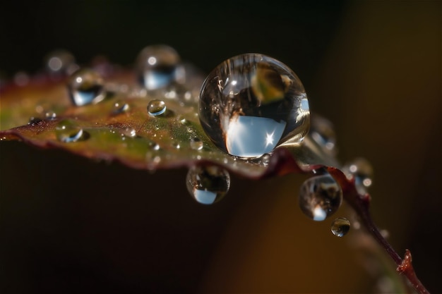 Large drops of transparent rain water on a leaf macro background