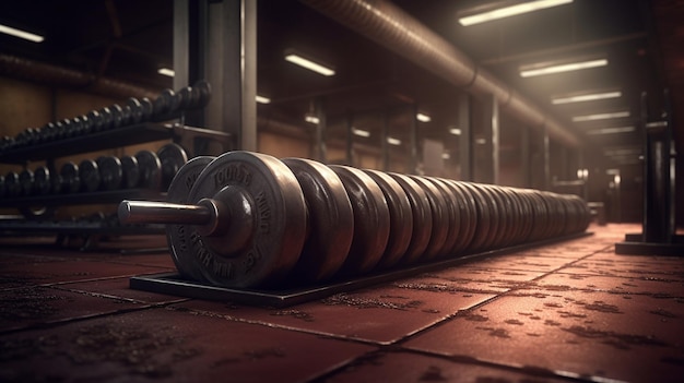 A large dumbbell on the floor in a gym