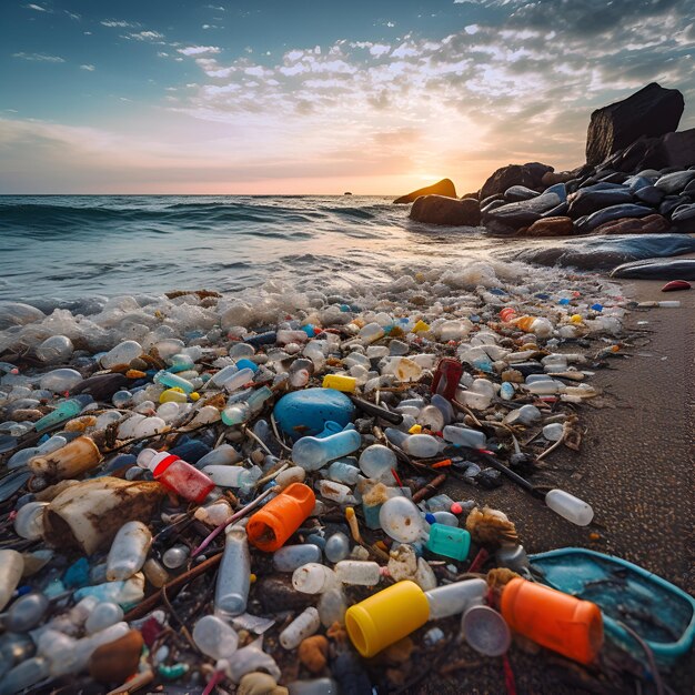 A large dump of rubbish and unrecycled waste on the beach generated by AI