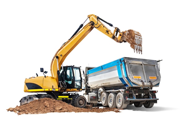 Large dump truck and excavator closeup on a white isolated backgroundConstruction equipment for earthworks element for design Rent of modern construction equipment