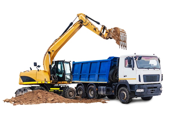 Large dump truck and excavator closeup on a white isolated backgroundConstruction equipment for earthworks element for design Rent of modern construction equipment