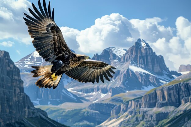 Photo a large eagle is flying over a mountain range