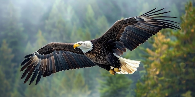 A large eagle is flying through a forest Concept of freedom and power as the eagle soars through the