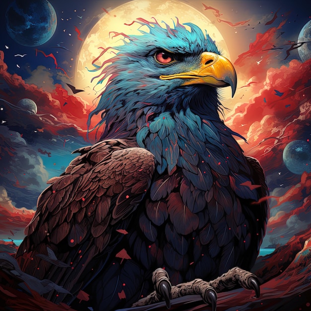 Photo a large eagle with a red and blue tail sits in a dark space