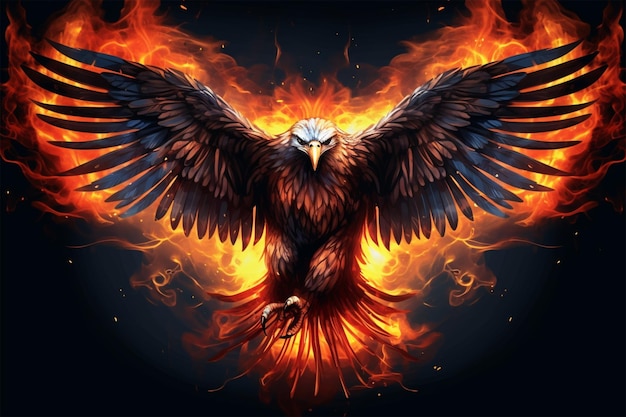 a large eagle with spread wings in a fiery flame on a dark