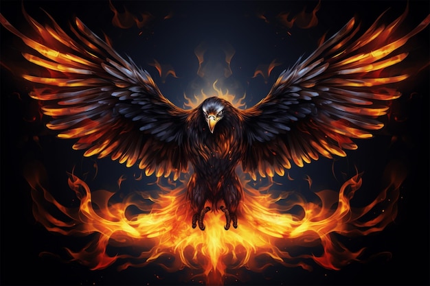 a large eagle with spread wings in a fiery flame on a dark