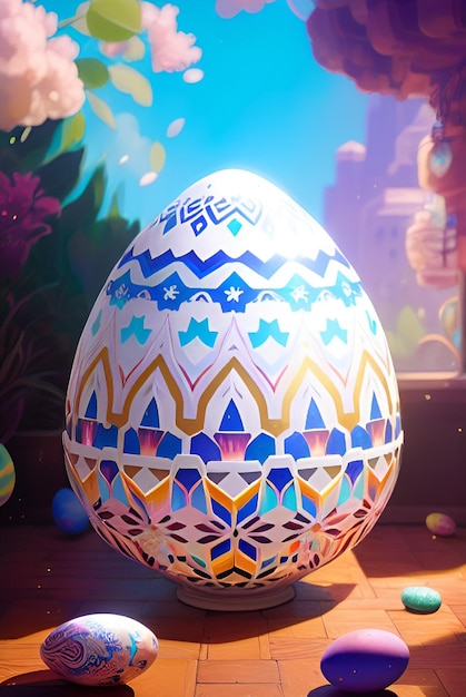 A large egg with a pattern on it is sitting on a table.