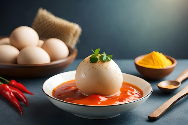 A large egg with a red sauce on it sits on a table next to a bowl of turmeric and turmeric powder.