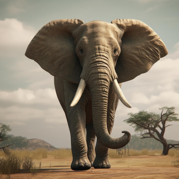 큰 코끼리가 코끼리라는 단어가 적힌 사막을 걷고 있습니다.