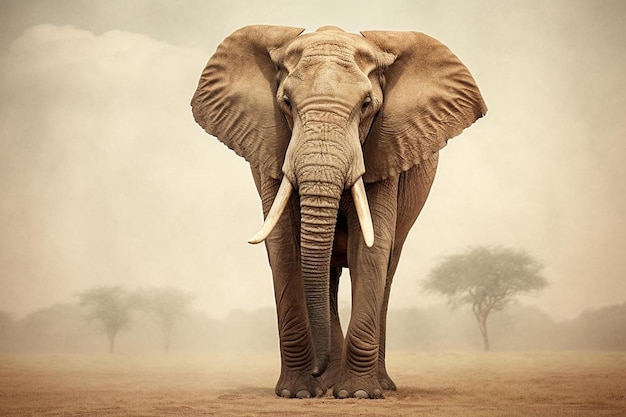 a large elephant with tusks stands in front of a herd of trees.