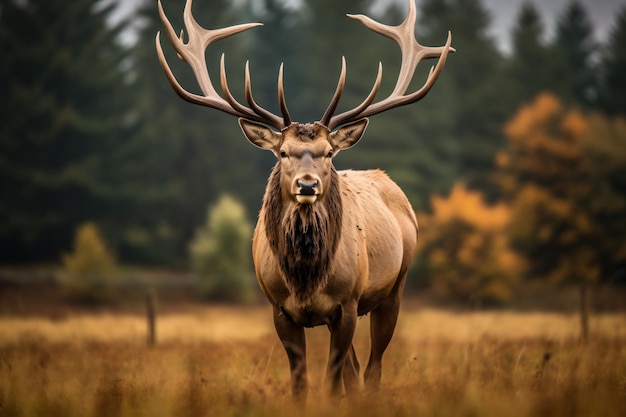 a large elk standing in a field with trees in the background