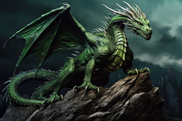 A large emerald dragon with open wings on a rock Generate Ai