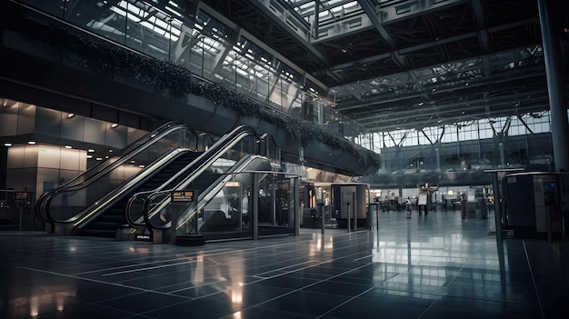 A large empty airport with escalators and a glass ceiling.