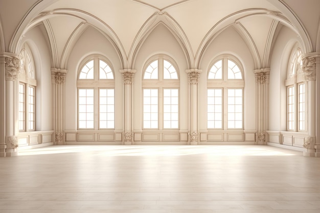 Large empty bright sunny room with high ceilings and arched windows in Romanesque style