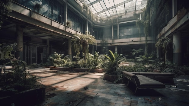 A large empty building with a lot of plants and a large window.