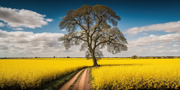 Large empty field in Norfolk UK with a lone tree and a scattering of golden rapeseed