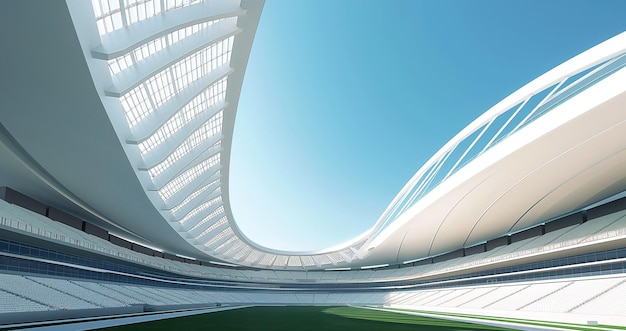 サッカー場のある大きな空の未来的なスタジアム