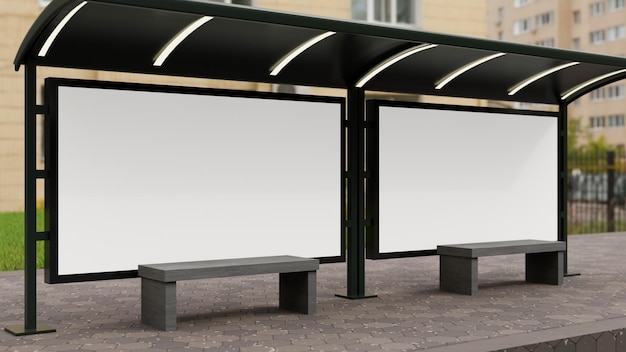 Large empty horizontal commercial billboards mockup mounted on a bus stop in a city