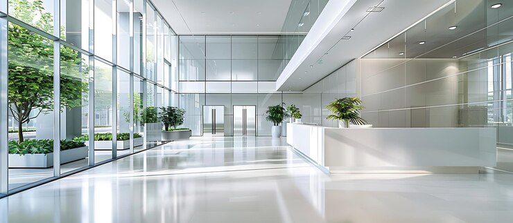 Photo a large empty office building with a large floor and a large window