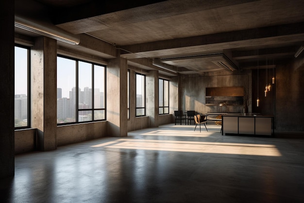 A large empty office space with a view of the city skyline.