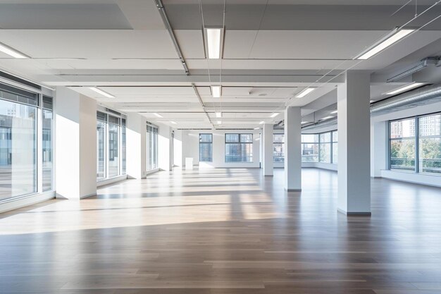 Photo a large empty office with a large hallway and a large empty room with a large floor