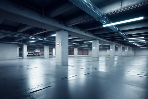 A large empty parking garage with a sign that says'parking'on it