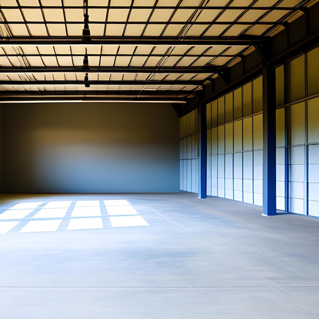 A large empty room with blue walls and white walls.