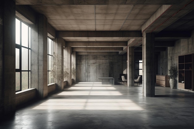 A large empty room with a concrete floor and a bench in the middle.