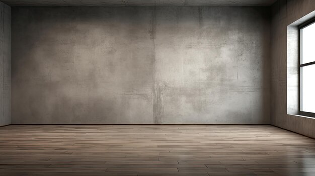 A large empty room with a concrete wall and a wooden floor.