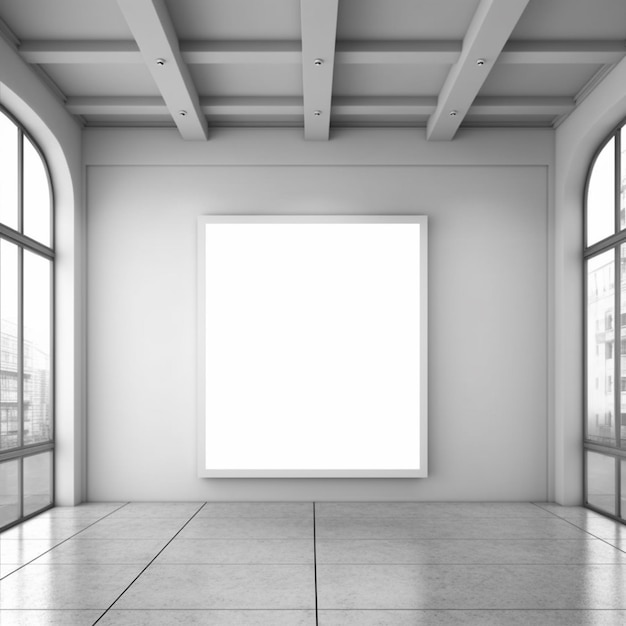 a large empty room with a large window and a picture frame generative ai