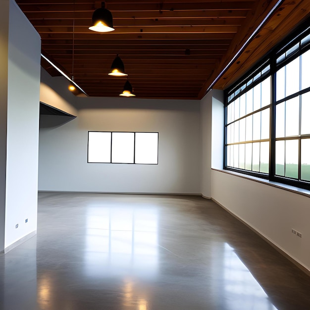 A large empty room with a large window and a wooden ceiling.