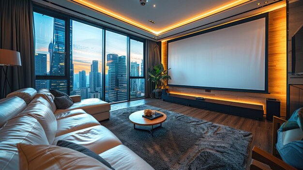 A large empty room with a white couch and a coffee table