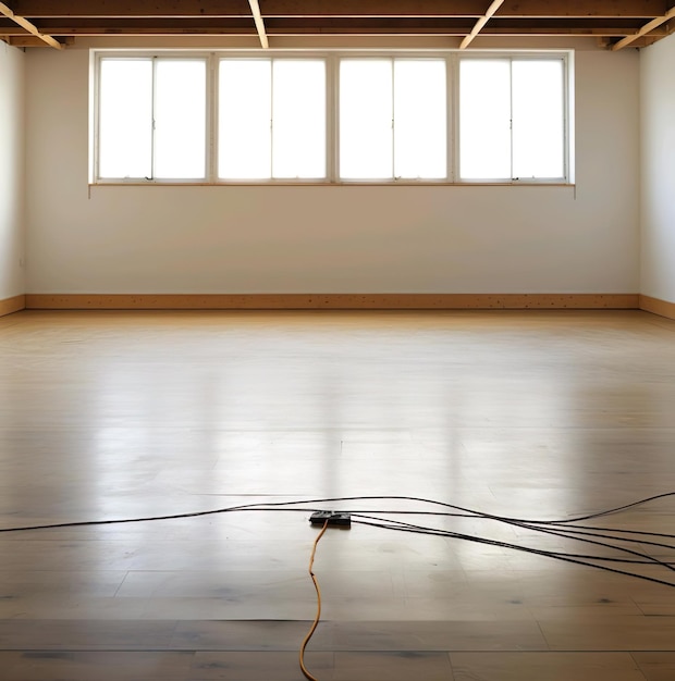 Large empty room with window and wire on the floor