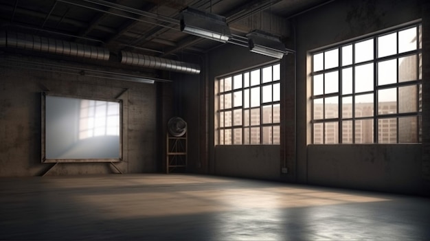 A large empty room with windows and a large window that says'the word home'on it
