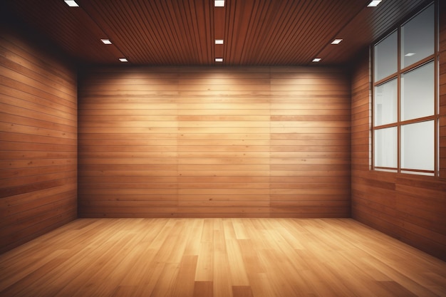 A large empty room with a wooden floor and walls