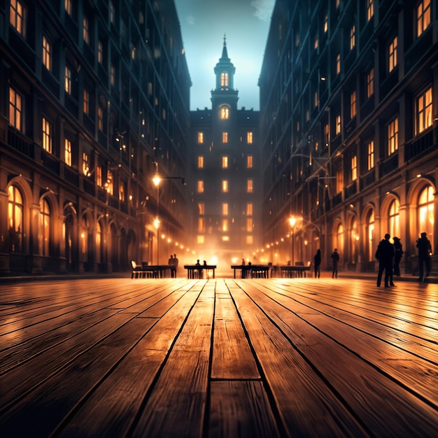 A large empty square at night with tall buildings on either side and a long wooden walkway leading towards the center of the square