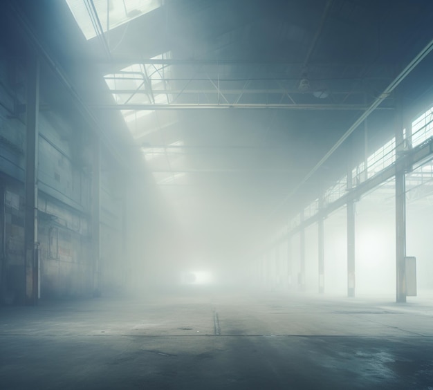 Large empty warehouse interior with bright lights in the distance