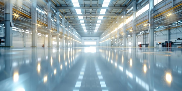 A large empty warehouse with a lot of light shining on the floor