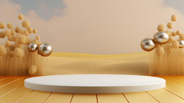 large empty wooden gold platform amidst golden grass and balloons