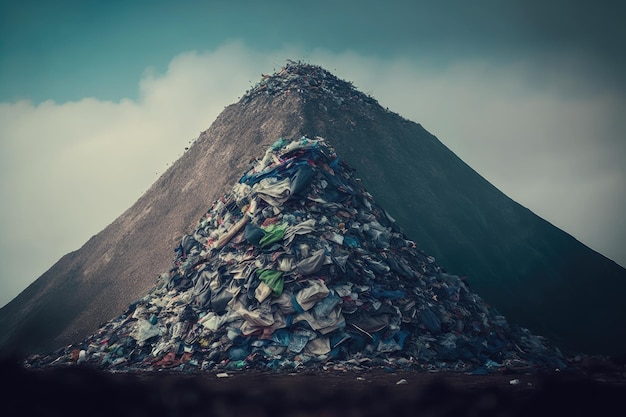 Large enclosed mountain of trash in form of heap overflowing garbage