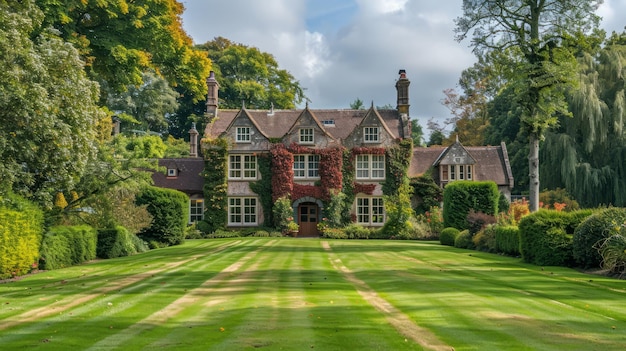 A large English country house with a beautiful garden