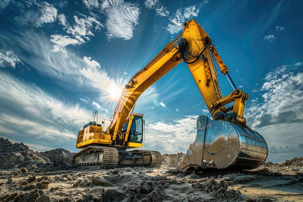 Large excavator on construction site under sunny sky