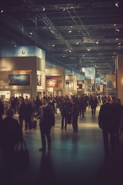 large exhibition hall bustling with attendees and various exhibition booths AI generated